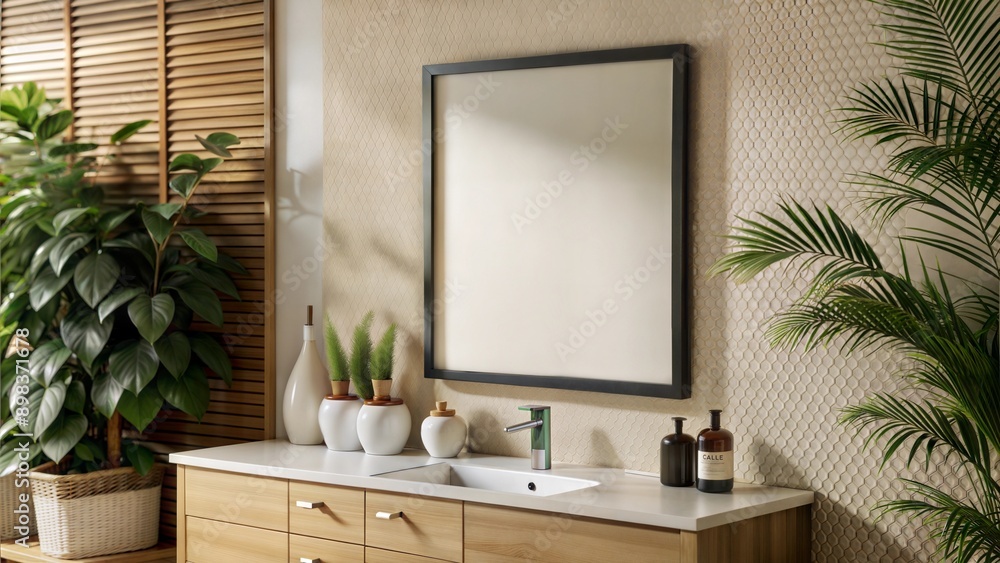 Poster clean lines - a simple, frameless mirror above a minimalist vanity. empty white mock up poster frame
