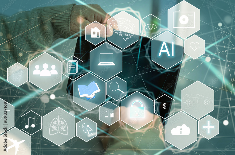 Poster manager technical industrial engineer working and control robotics with monitoring system software a