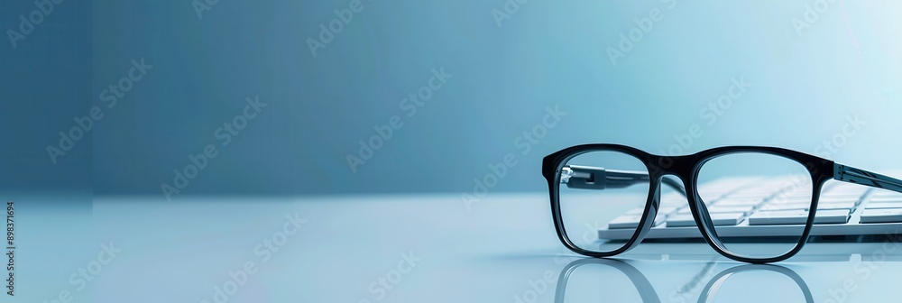 Aufkleber Black eyeglasses rest on a white keyboard on a blue desk. Generative AI