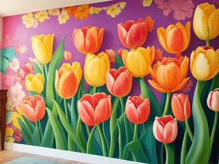 The artwork on the wall is a vivid and cheery display of tulip blooms created in a riot of hues using stucco.