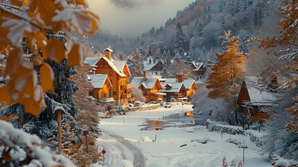 Snowy Mountain Village With Golden Leaves and Sunlight