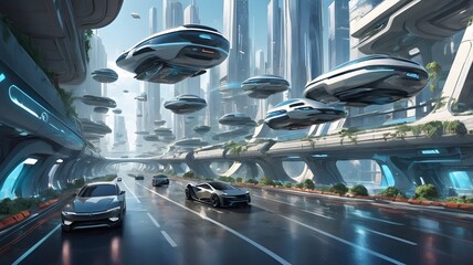 Illustration of futuristic traffic with floating cars and floating roads

