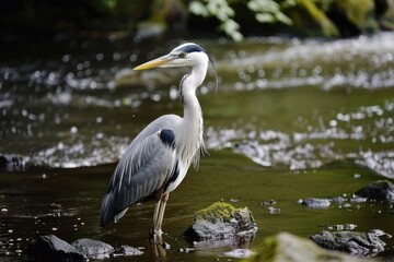 Naklejka premium A graceful grey heron standing still in a shallow river, waiting to catch fish.