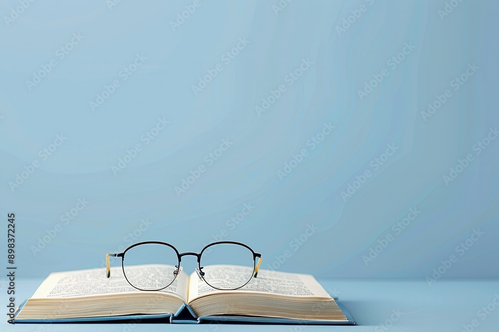 Fototapete An open book rests on a blue surface with a pair of glasses lying on top of it. Generative AI