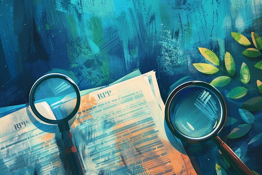 This illustration depicts the seamless integration of RFP text into an unfolding document. Magnifying glasses hover over different sections, symbolizing detailed examination and exploration of proposa