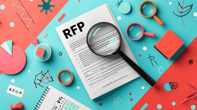 This illustration depicts the seamless integration of RFP text into an unfolding document. Magnifying glasses hover over different sections, symbolizing detailed examination and exploration of proposa
