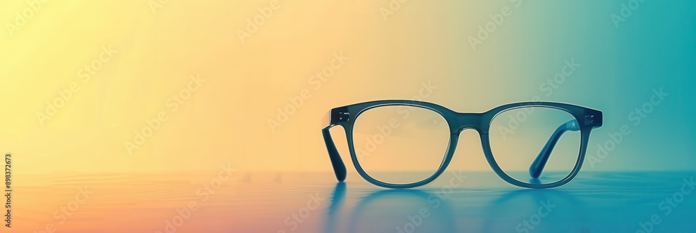 Leinwandbilder A pair of black eyeglasses rests on a surface with a vibrant gradient of yellow and blue. Generative AI