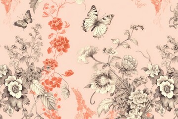 Fototapeta premium Butterfies and flowers wallpaper pattern sketch.