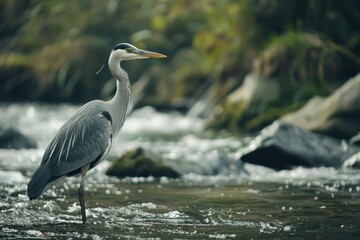 A graceful grey heron standing still in a shallow river, waiting to catch fish.