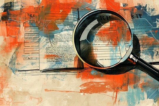 This illustration depicts the seamless integration of RFP text into an unfolding document. Magnifying glasses hover over different sections, symbolizing detailed examination and exploration of proposa