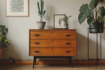 Mid-century modern teak wood dresser with built-in cabinet and desk, featuring colorful drawers in white and light brown, a small plant on top