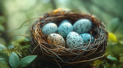 Obraz premium Bird nest made of twigs holding speckled blue and brown eggs, resting on a mossy branch