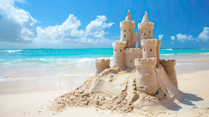Beautiful sandcastle on the beach with sand summer vacation scene playful creation seaside fun family activity sunlit day coastal getaway kids entertainment