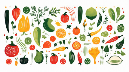 fresh produce and vegetables on white background