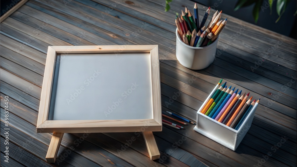 Poster creative simplicity - a small table with a single set of crayons. empty white mock up poster frame