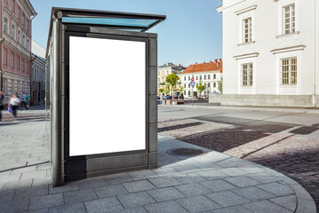 Mockup Of Blank Bus Stop Vertical Advertising Poster Billboard On Sidewalk