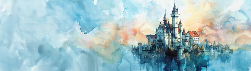 Obraz premium Fantasy castle floating in the sky, watercolor painting, whimsical details, soft pastels