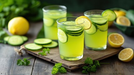 Fototapeta premium Glasses of lemonade with cucumber slices and lemon wedges on a wooden surface, surrounded by fresh cucumbers, lemons, and green herbs.