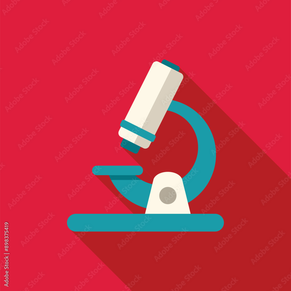 Poster microscope standing on a red background casting a long shadow to the right