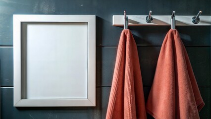 Fresh Clean - A single towel hanging on a hook. Empty white mock up poster frame