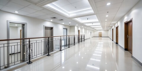 perspective hallway in the corridor with railings in the white building AI-Generated Content