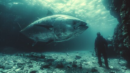Fototapeta premium a diver standing beside a colossal tuna fish.