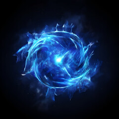 A vibrant blue orb dominates the dark background, pulsating with inner energy. Swirling, luminous patterns radiate outwards, creating a mesmerizing spectacle. The abstract form suggests cosmic power