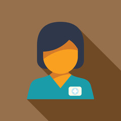 Female doctor wearing badge with cross is smiling on brown background