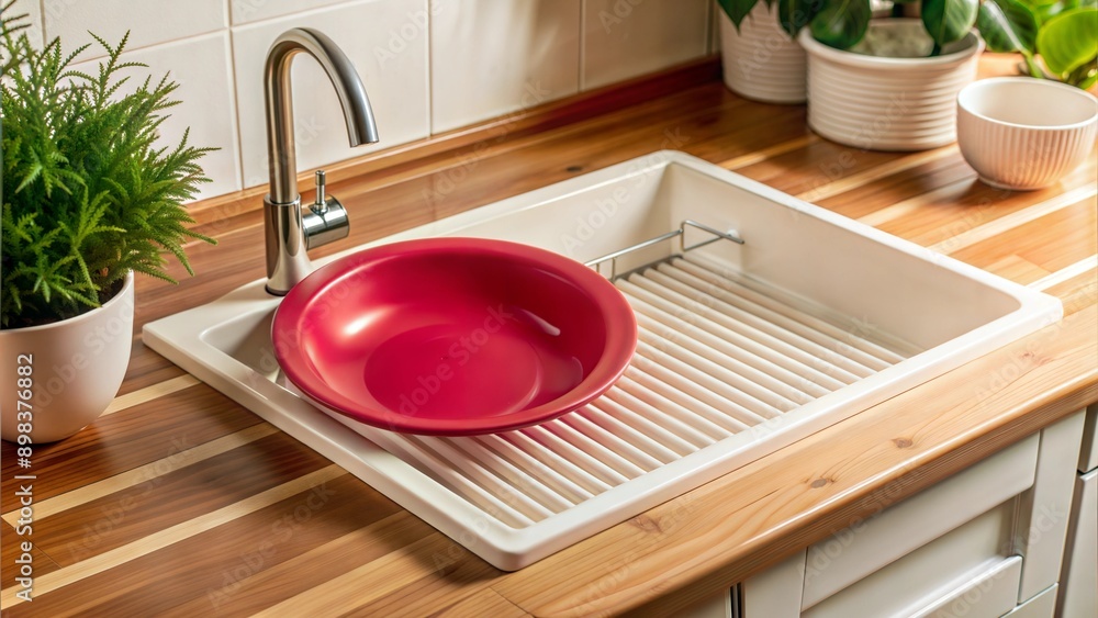 Poster functional design - a minimalist sink with a single dish drying rack. empty white mock up poster fra