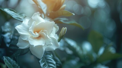 Close-up of a delicate white flower with soft, blurred background, highlighting its beauty and contrast with the surrounding foliage.