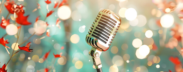Retro steel microphone on bokeh concert stage. Vintage silver microphone on blurred background with copy space. Microphone Birthday. International Podcast Day. Concept for music apps, karaoke record.