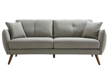 Obraz premium A modern grey sofa with two cushions, standing against a white background.
