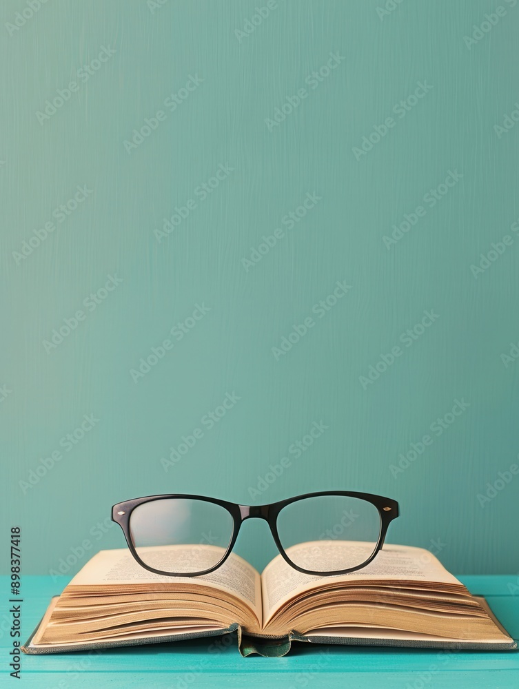Fototapete An open book with glasses resting on top of the pages sits on a teal tabletop. Generative AI