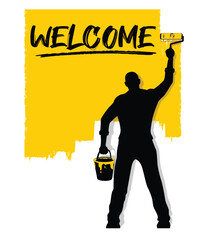 Welcome announcement on painted wallю Painter man painting wall with roller brush. Vector template for you text on transparent background