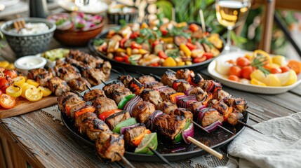 Obraz premium Dinner table with grilled lamb kebab, chicken skewers with roasted vegetables and appetizers variety serving on wooden outdoor table.