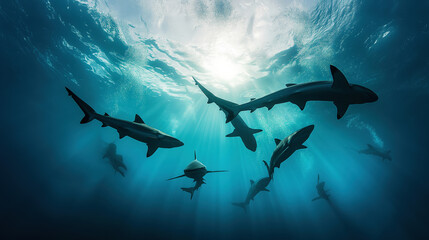 Obraz premium Underwater view of a group of sharks swimming with sunlight filtering through the water.