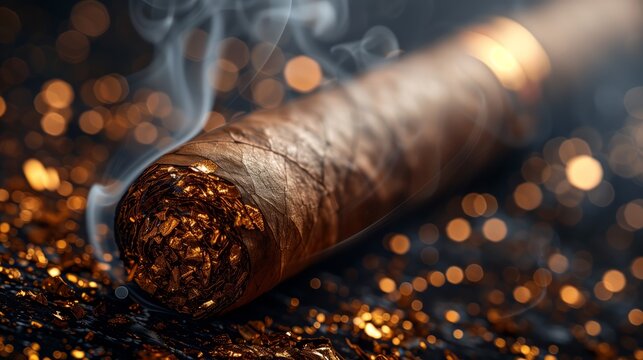 A close-up photograph capturing a lit premium cigar with glowing embers and rising smoke on an ashy surface. The dark background is illuminated by soft orange bokeh lights