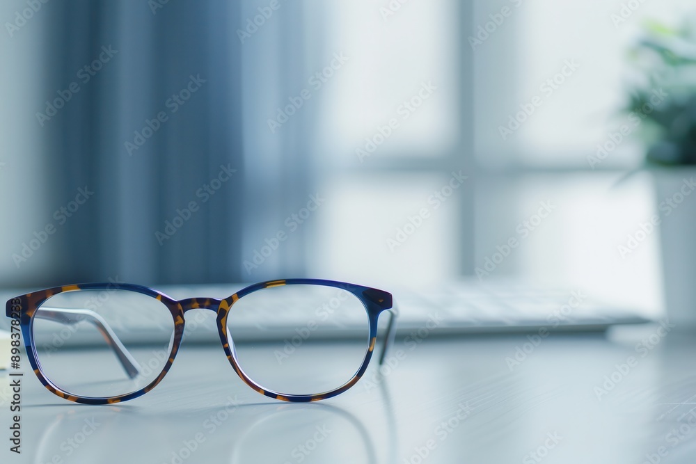 Aufkleber Eyeglasses with blue and brown frames are resting on a white desk. The desk is in an office with a window in the background. Generative AI