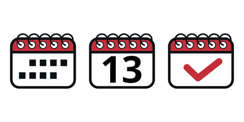 Simple red vector calendar icons with specific day marked, day 13. Calendar illustration for websites and graphic resources.