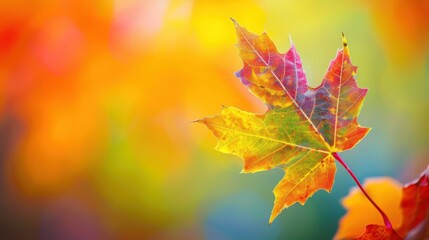 Fototapeta premium Vibrant autumn leaf with colorful blurred background, capturing the essence of the fall season in nature's vivid palette of warm hues.