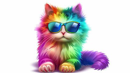 Obraz premium Colorful cartoon cat wearing stylish sunglasses on white background vibrant feline illustration modern pet design fun and playful animal art ideal for kids products fashion accessories and decor
