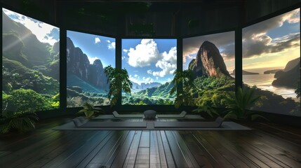 digital meditation and yoga studio with virtual instructors leading sessions shown on serene landscape screens