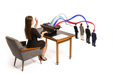 Woman types on vintage typewriter sending colorful streams, in colors of American flag, into heads...