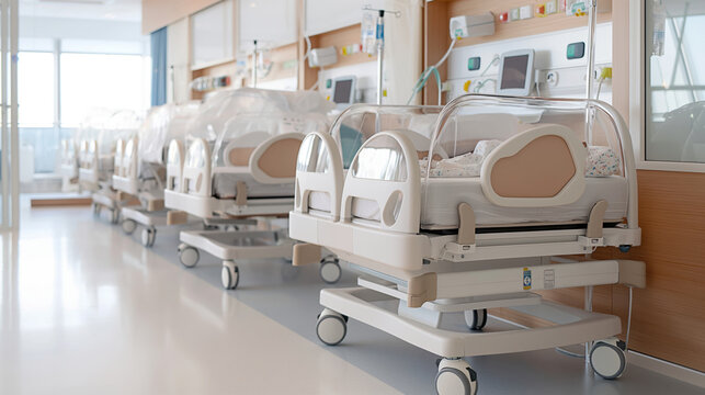 A row of modern incubators in a neonatal intensive care unit (NICU) with medical equipment on the walls.