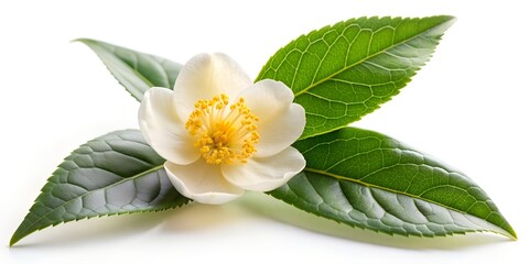 Single tea flower Camellia sinensis and leaves isolated on white background Creative AI