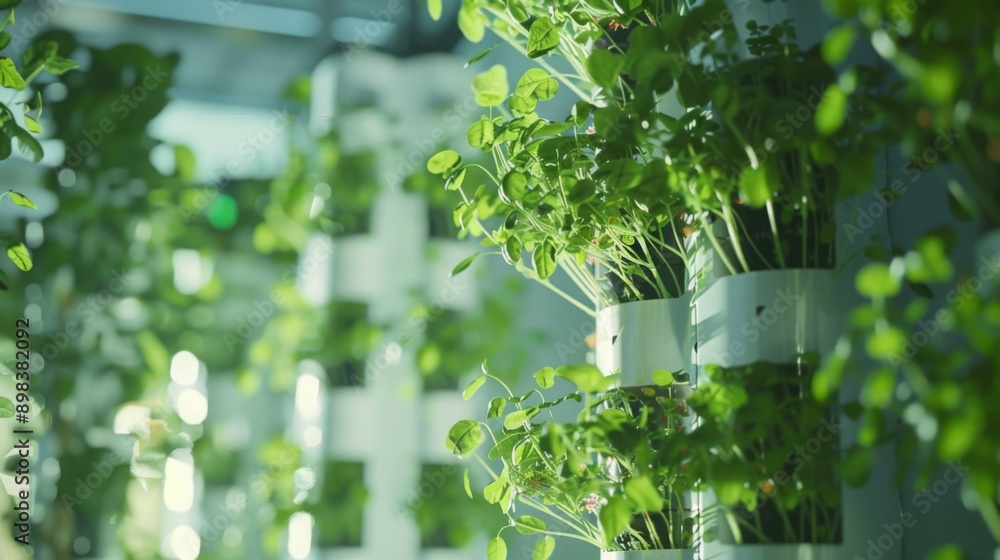 Poster a close-up view of a vertical hydroponic garden, showing lush green plants growing in a stacked syst