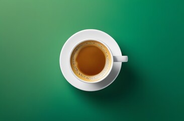 Coffee cup with coffee on a green background, top view. A coffee drink to advertise a coffee shop, restaurant and coffee.