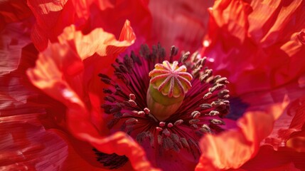 Close-up of a vibrant red poppy flower in full bloom, capturing the intricate details of the petals and seed head in the center.