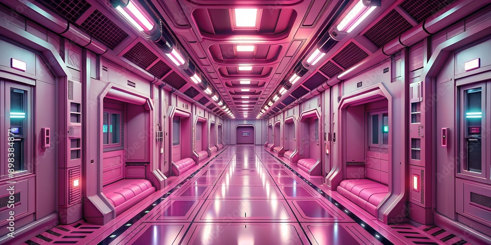 Poster pink retro sci fi spaceship hallway design ai generated ai generative