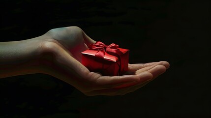 Hand Holding a Gift Box: A hand holding a small gift box wrapped with a bow, suggesting a present or surprise.
